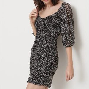 Dynamite| NEW Black Floral Ruched Puff Sleeve Bodycon Mini Dress Sz XS